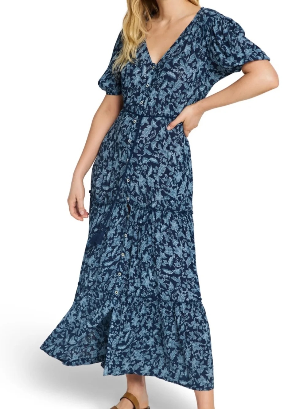 Faherty Navy Floral V‑Neck Button Maxi Dress